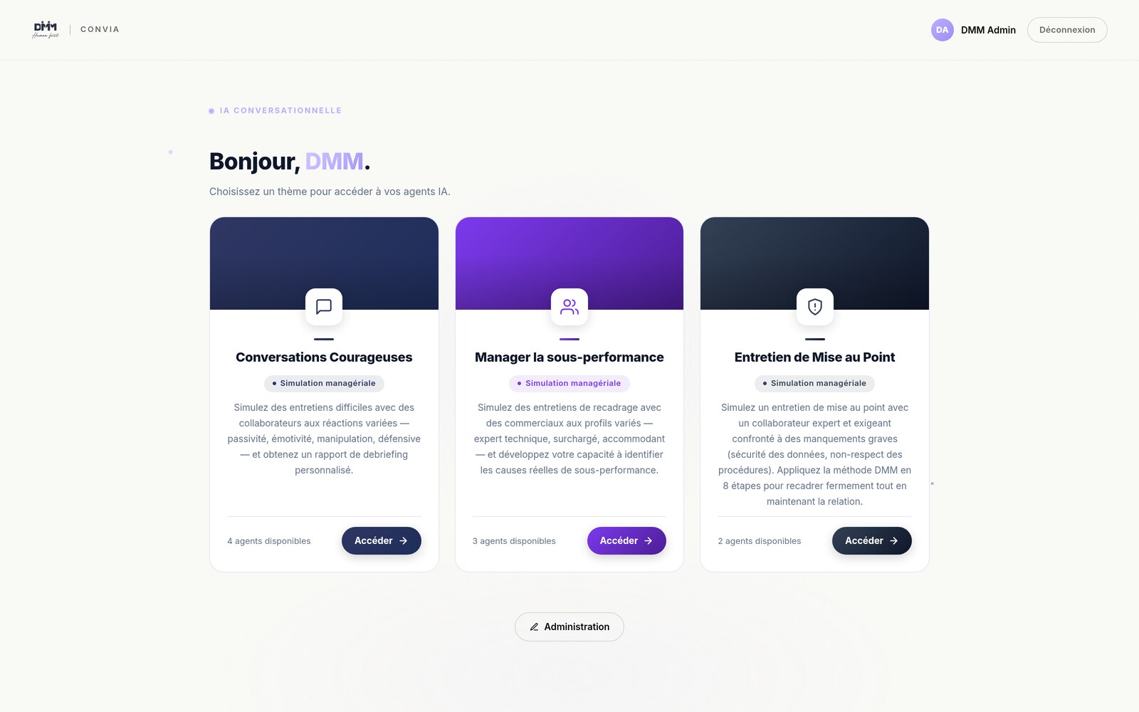 Dashboard DMM ConvIA, choix des thèmes de simulation managériale
